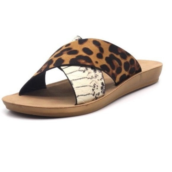 NIB Leopard Snake Slides Flat Wedge Sandal Black Tan animal BOHO sz 6 - Picture 4 of 7